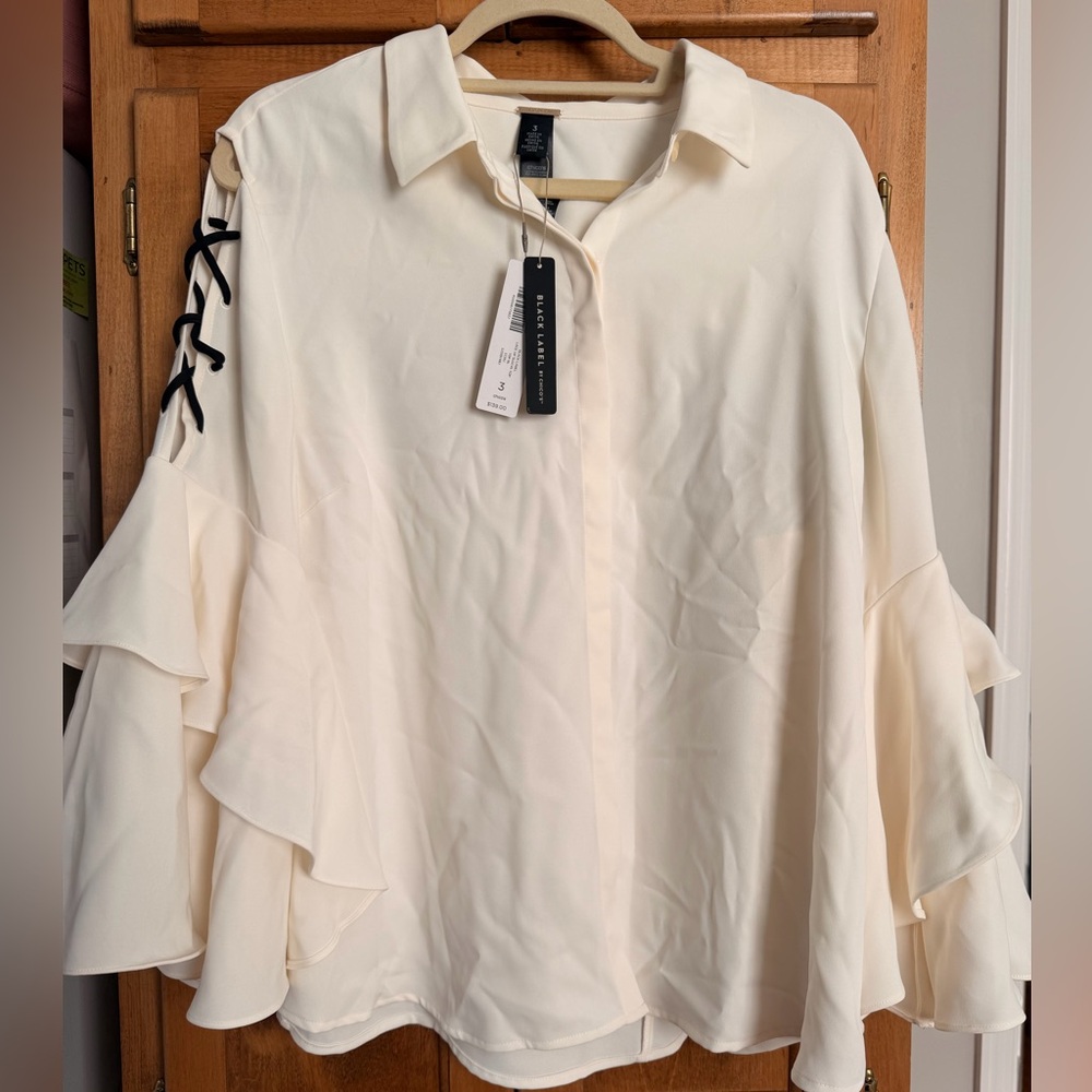 Black Label by Chico's | Cream Lace Up Ruffle Sleeves | Button-Down Blouse